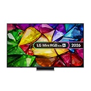 The front view of LG Mini RGB evo AI MRGB85, released in 2026, features a slim black bezel with short feet, while a vivid, crystalline image of sharply defined multicolored facets fills the screen.